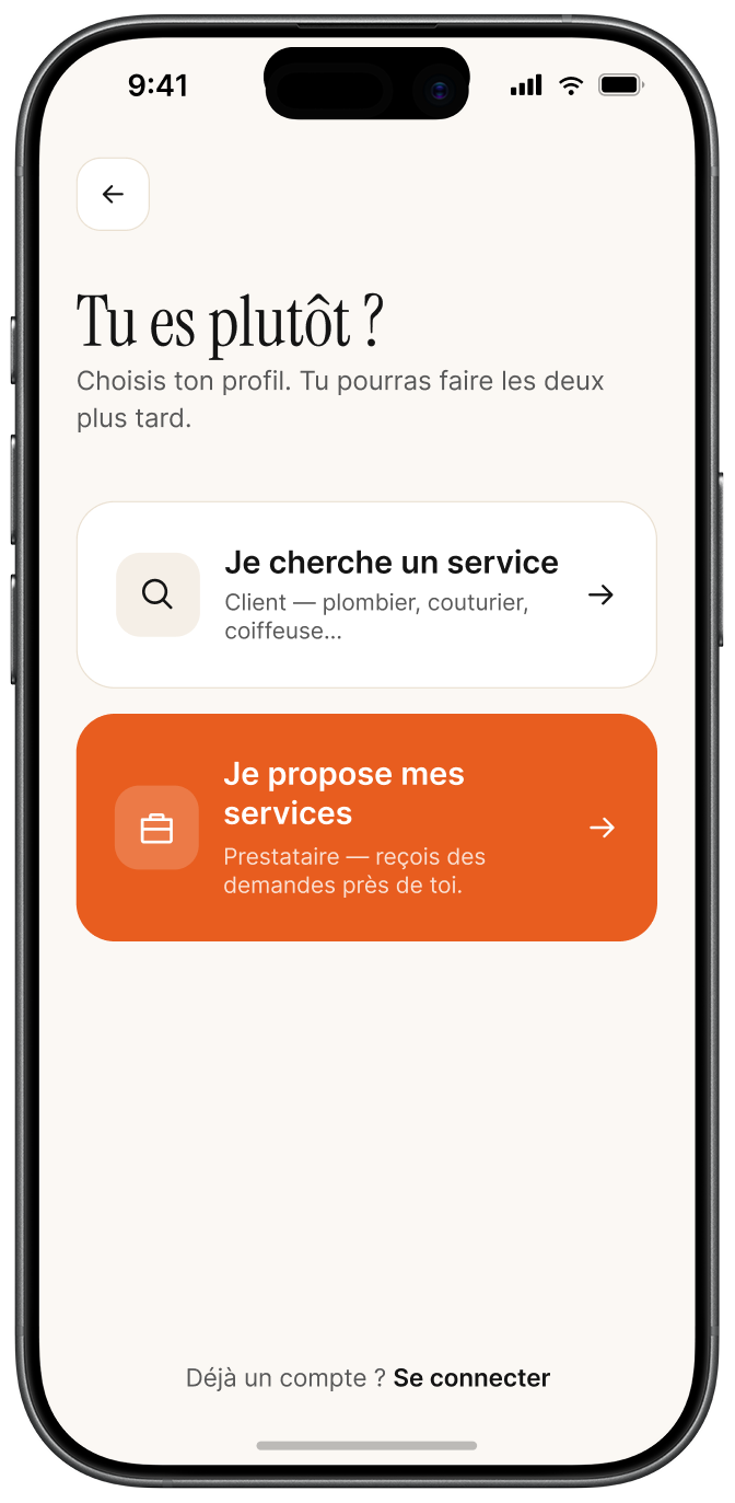 Écran Jokko : choix du profil client ou prestataire